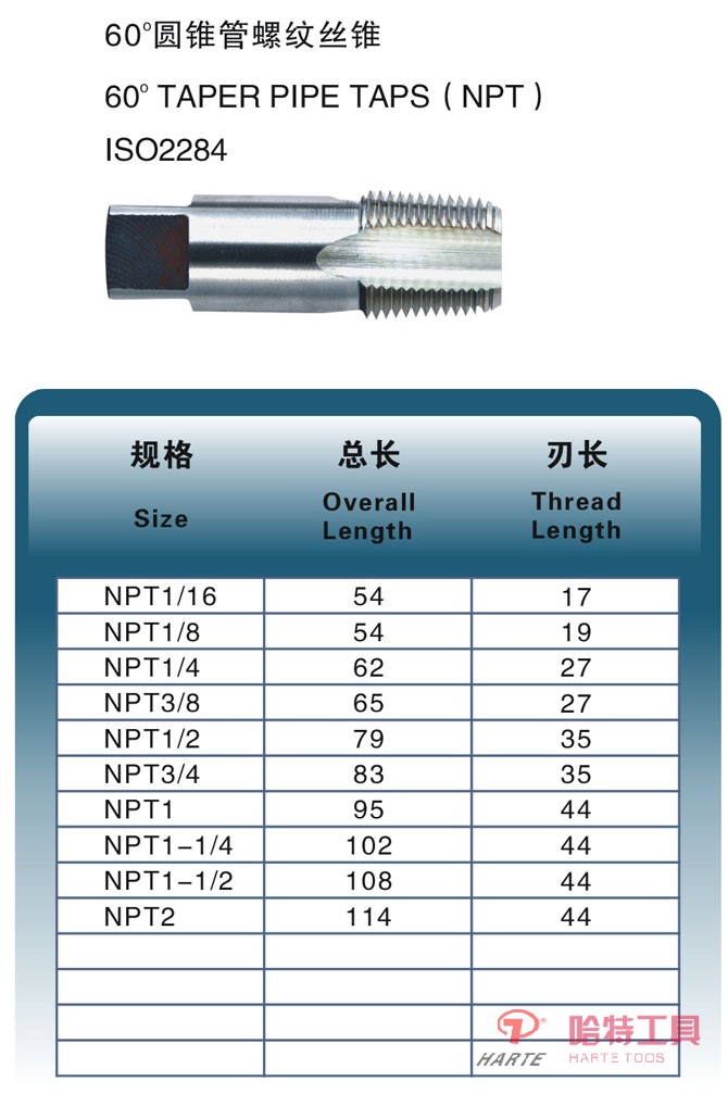 HT-2403 60°圆锥管螺纹丝锥 (NPT)ISO2284